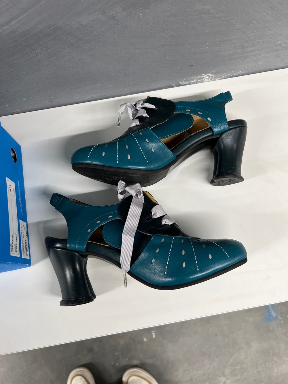 John Fluevog Teal and Black Slingback Heels with Ribbon Tie - Picture 7 of 8